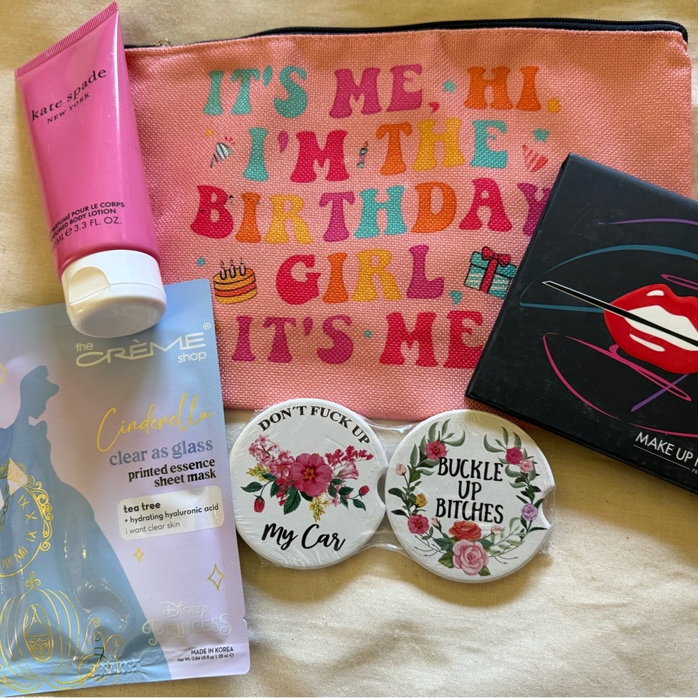 Pink Birthday Cosmetic Bag Gift Set w/ Kate Spade perfumed lotion, car coasters